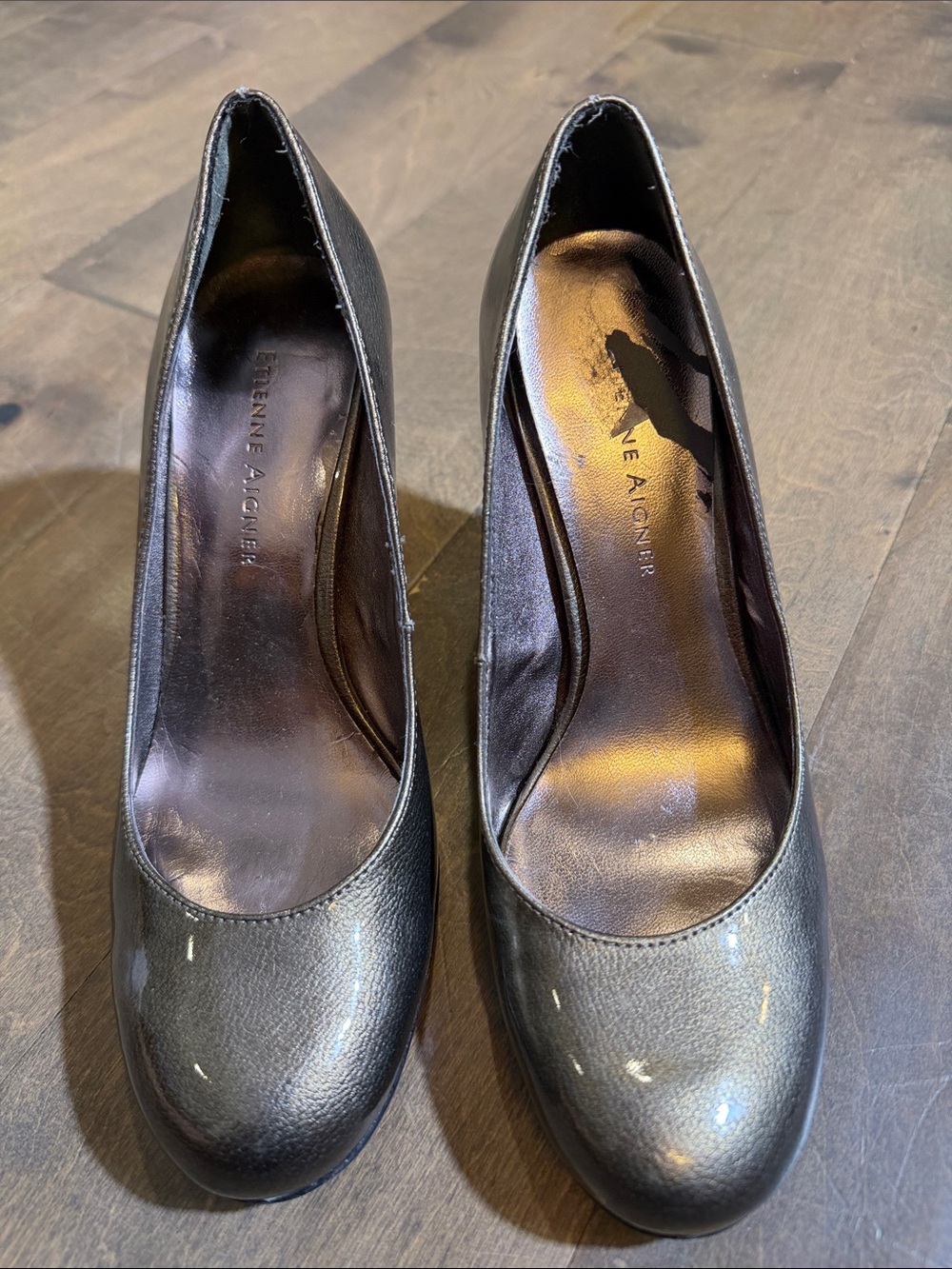 Etienne Aigner Metallic Black Round-Toe Pumps